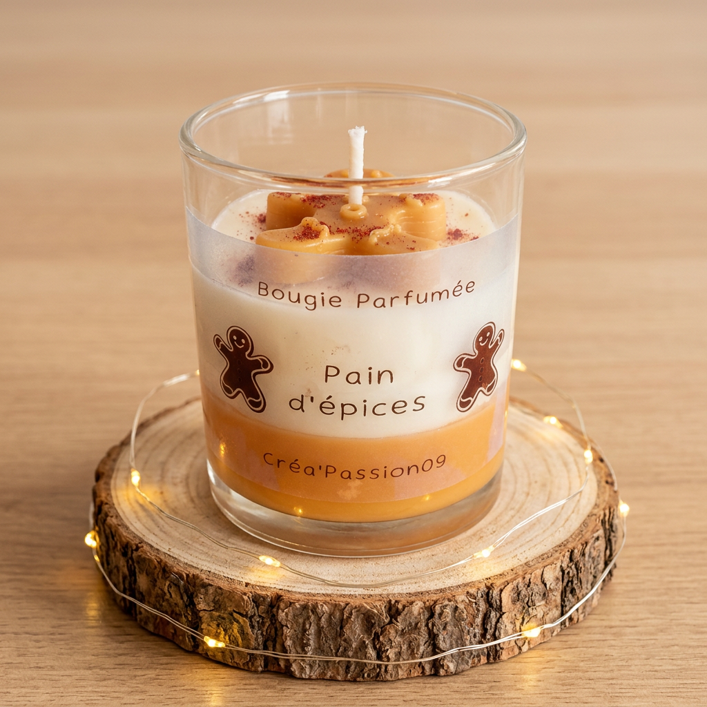 Bougie parfumée Pain d’épices orange et blanche dans un verre transparent, sur un rondin entouré d’une guirlande lumineuse.