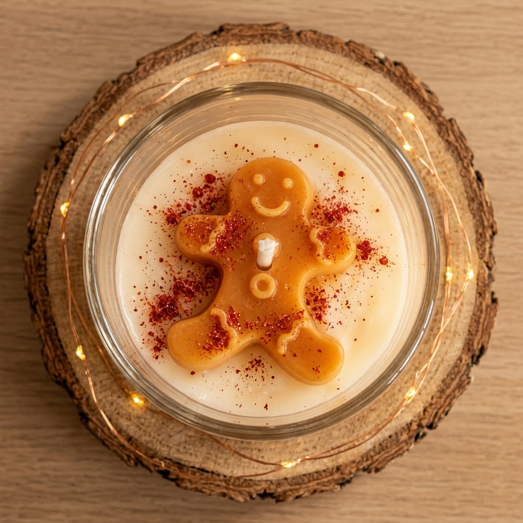 Bougie Pain d’épices vue du dessus, avec un bonhomme orange et des éclats rouges sur la cire blanche.