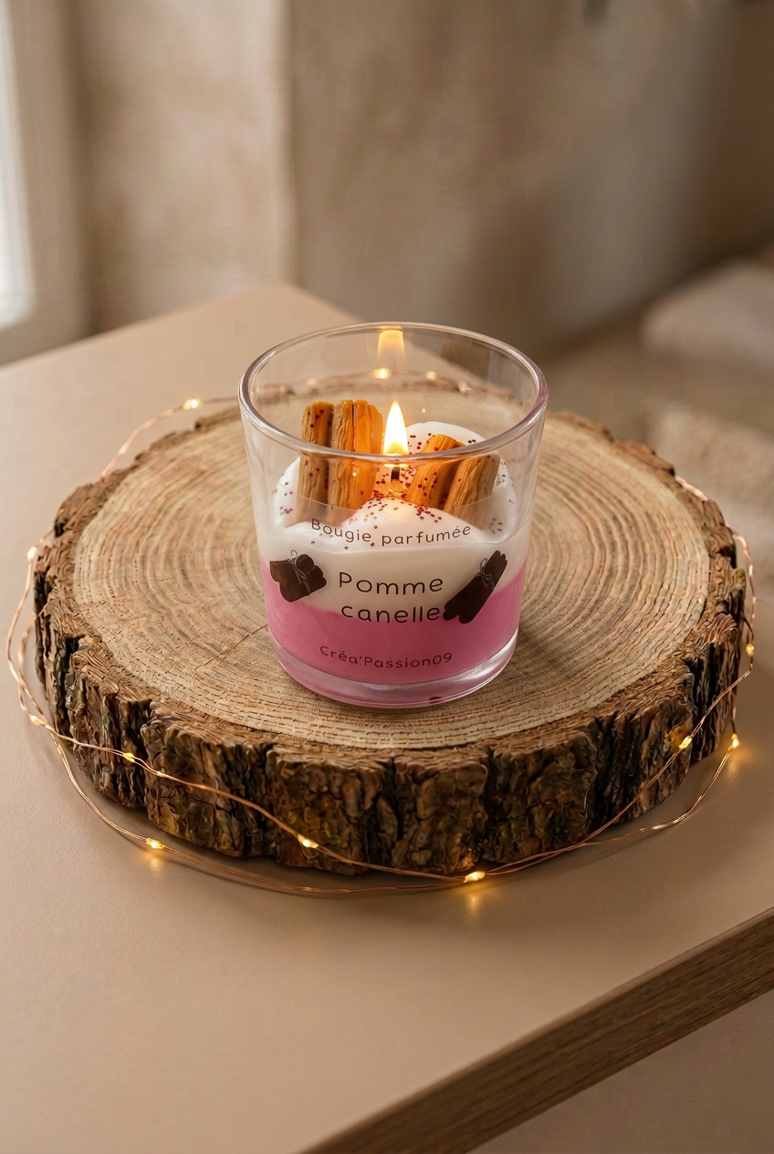  Bougie parfumée Pomme Cannelle allumée, cire rose et blanche avec décors de cannelle, sur un rondin entouré d’une guirlande lumineuse.