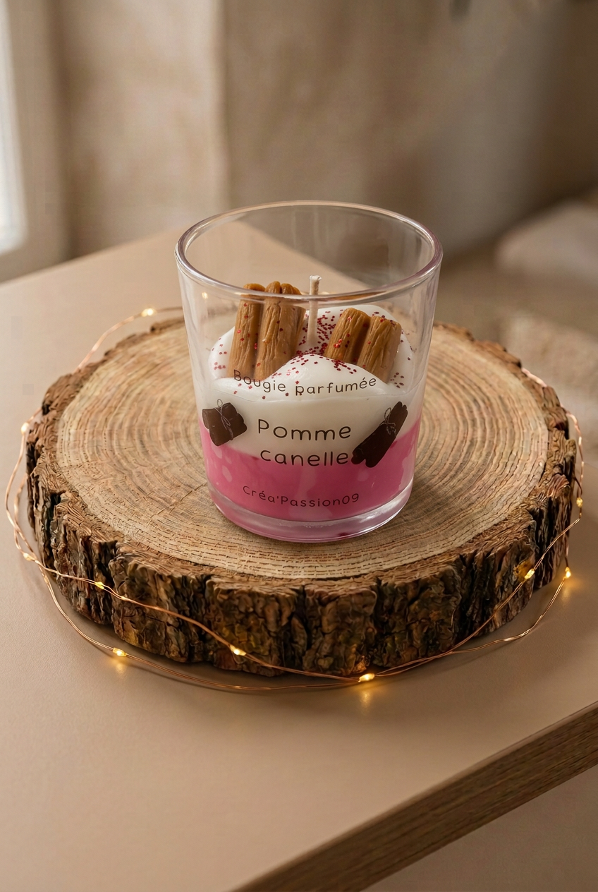 Bougie parfumée Pomme Cannelle en verre, cire rose et blanche avec décors de cannelle, sur un rondin entouré d’une guirlande lumineuse.