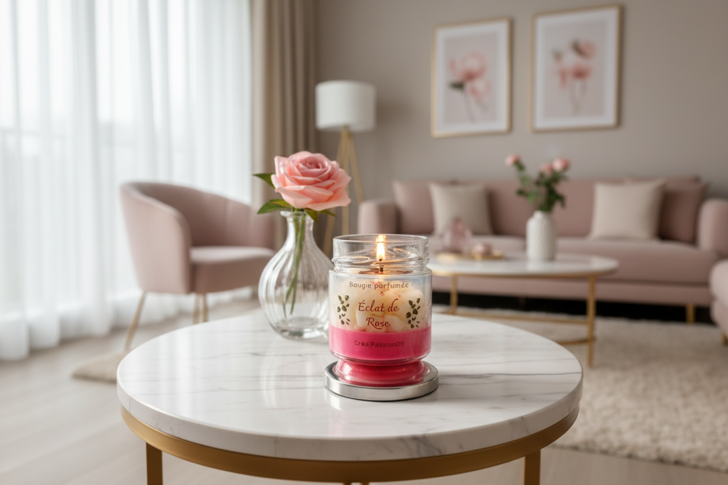 Bougie rose parfumée allumée créant une atmosphère romantique et élégante dans intérieur raffiné