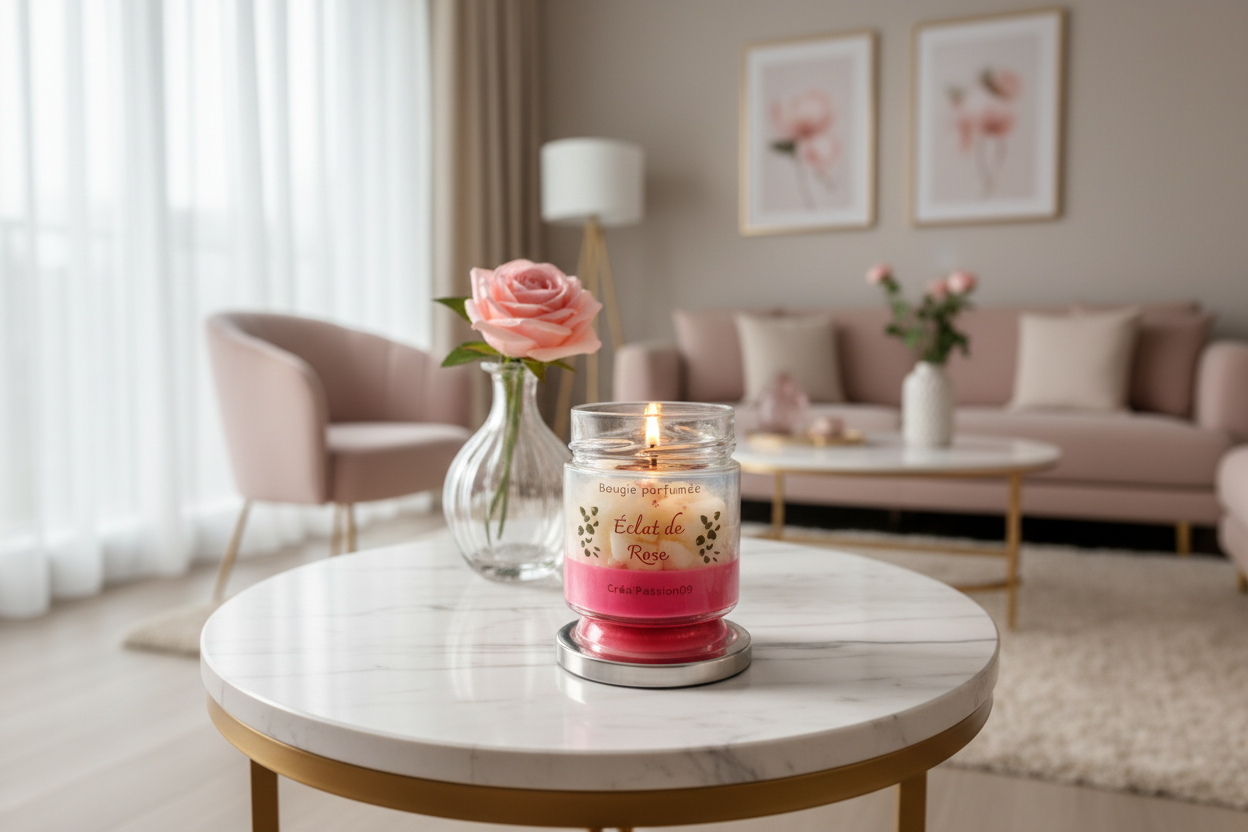Bougie rose parfumée allumée créant une atmosphère romantique et élégante dans intérieur raffiné