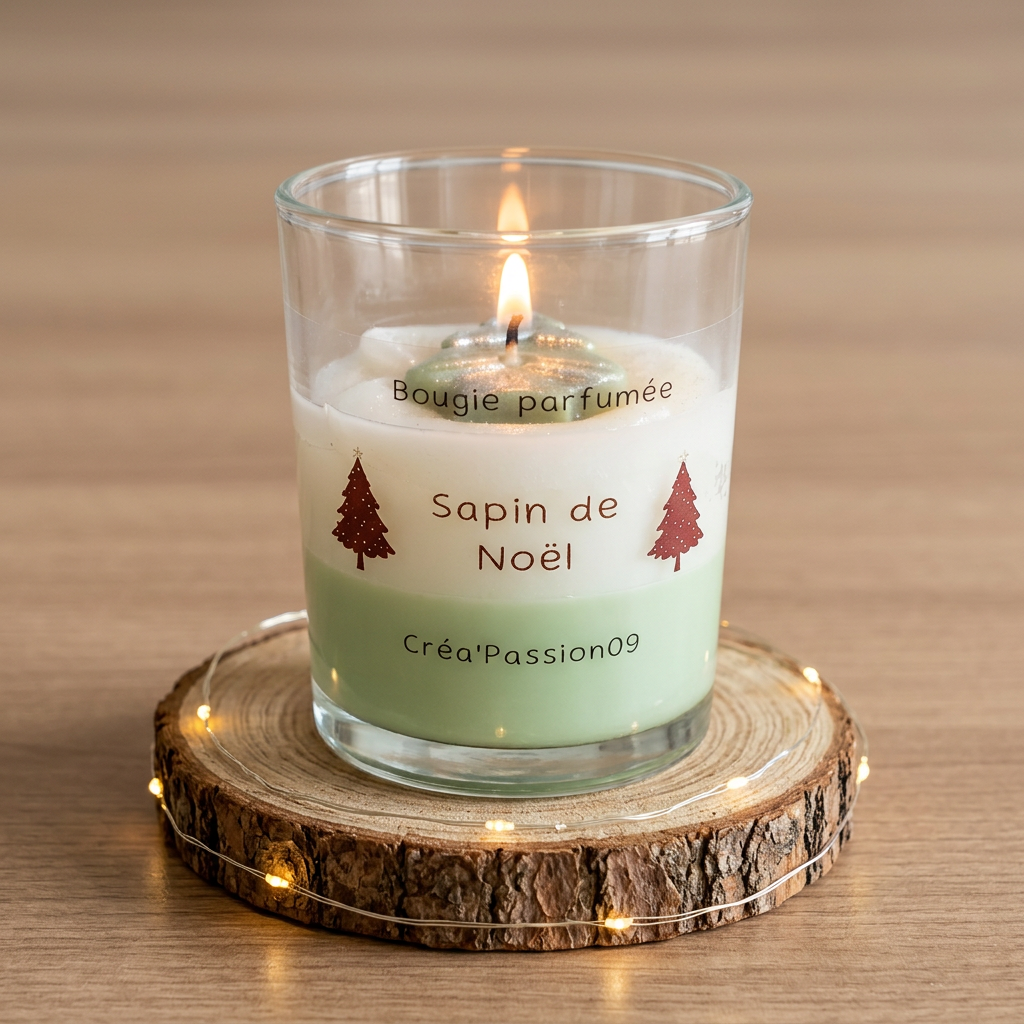  Bougie Sapin de Noël allumée sur un rondin entouré d’une guirlande lumineuse, sur un plan de travail en bois clair.

