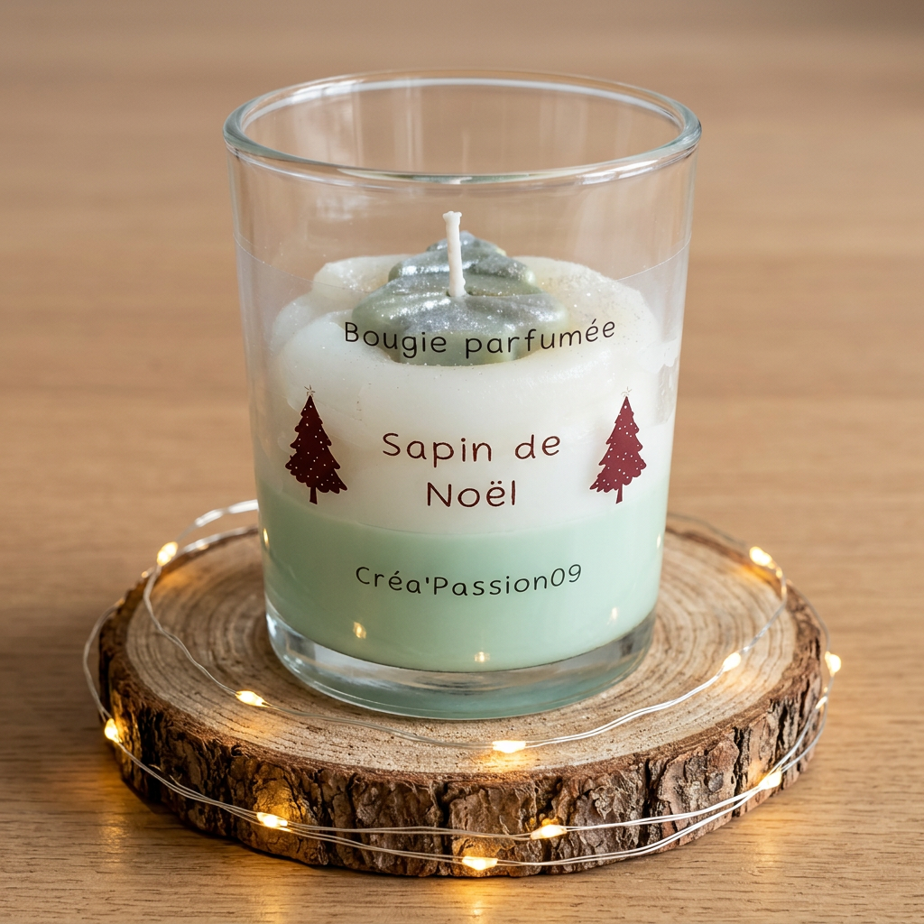  Bougie parfumée Sapin de Noël verte et blanche dans un verre transparent, sur un rondin entouré d’une guirlande lumineuse.