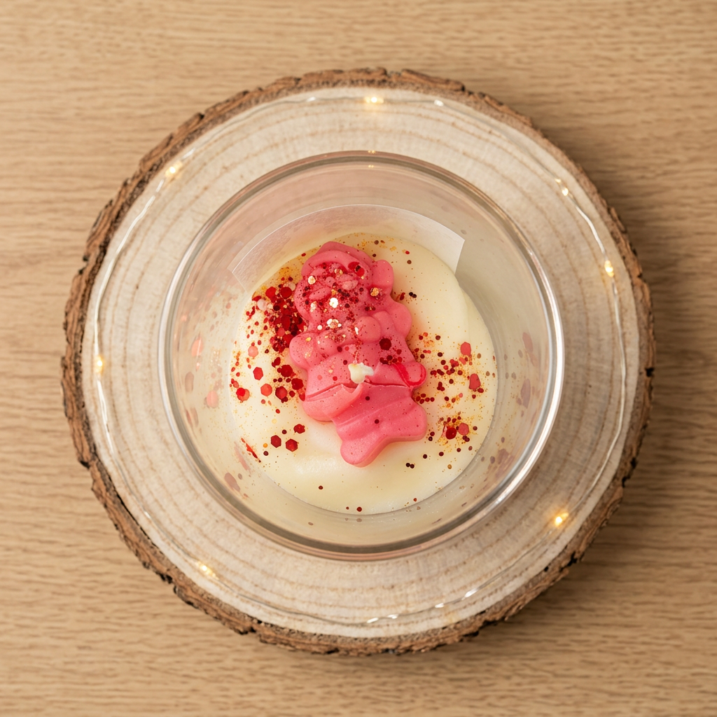  Bougie Souvenir d’Enfance vue du dessus, avec un ourson rose et des éclats rouges sur la cire crème, sur un rondin de bois.