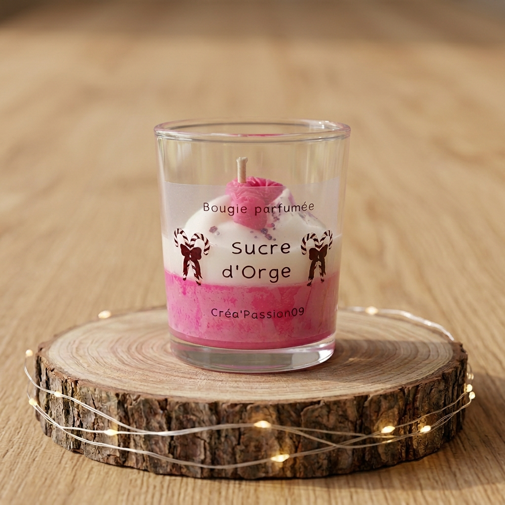 Bougie parfumée Sucre d’Orge rose et blanche dans un verre transparent, sur un rondin entouré d’une guirlande lumineuse.