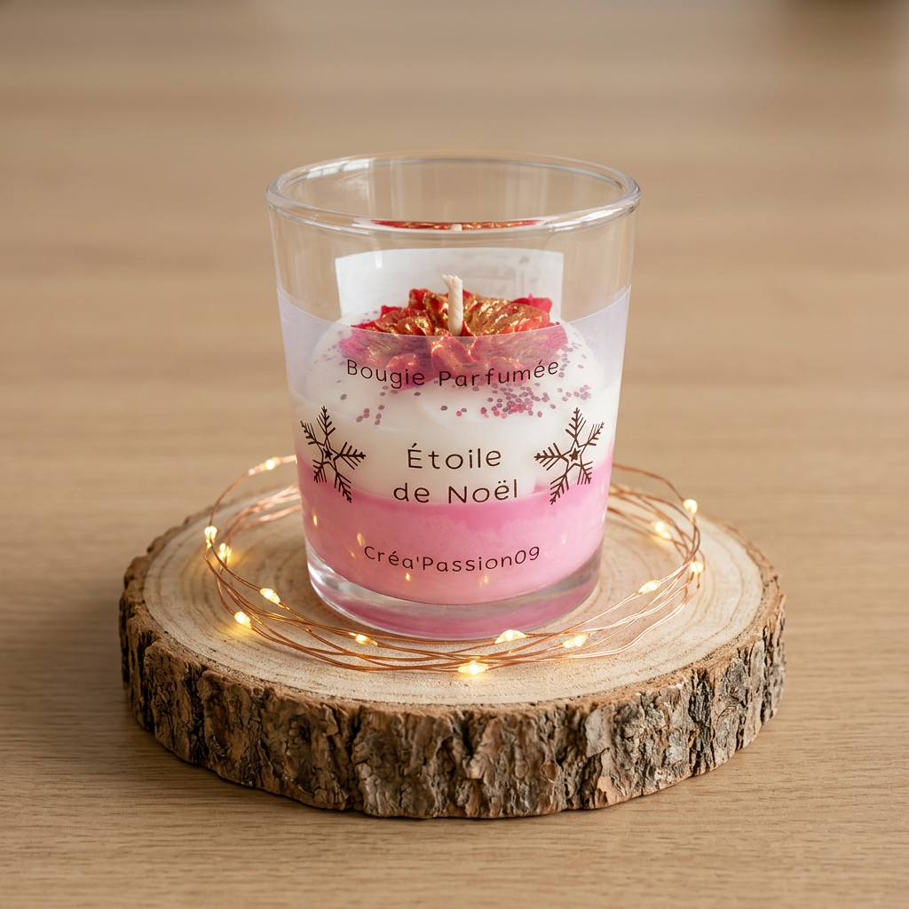  Bougie parfumée Étoile de Noël rose et blanche dans un verre transparent, sur un rondin de bois avec une guirlande lumineuse.