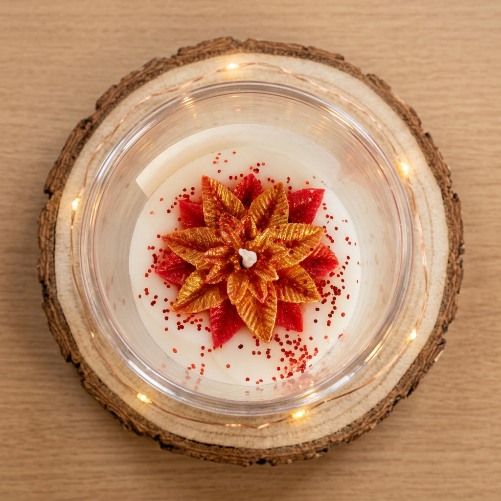 Bougie Étoile de Noël vue du dessus, avec une fleur rouge et dorée et des éclats rouges sur la cire blanche.