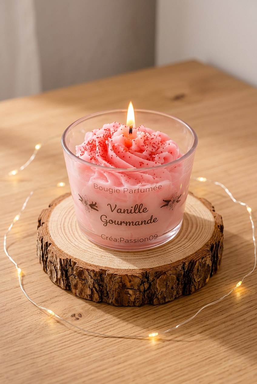 Bougie Vanille Gourmande allumée, cire rose pochée aux éclats rouges, sur un rondin entouré d’une guirlande lumineuse.