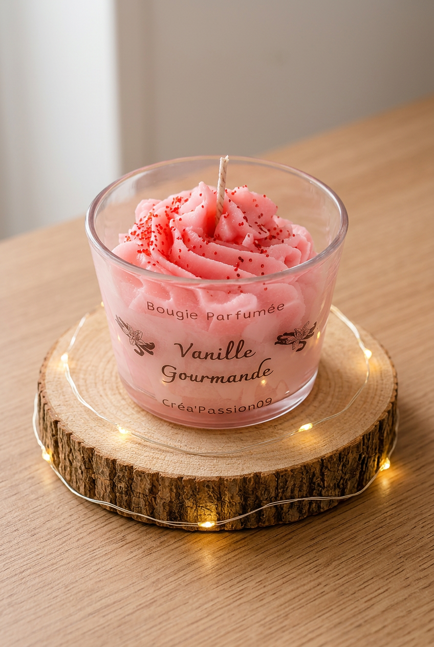 Bougie Vanille Gourmande éteinte en verre, cire rose en spirale parsemée d’éclats rouges, sur un rondin avec guirlande lumineuse.