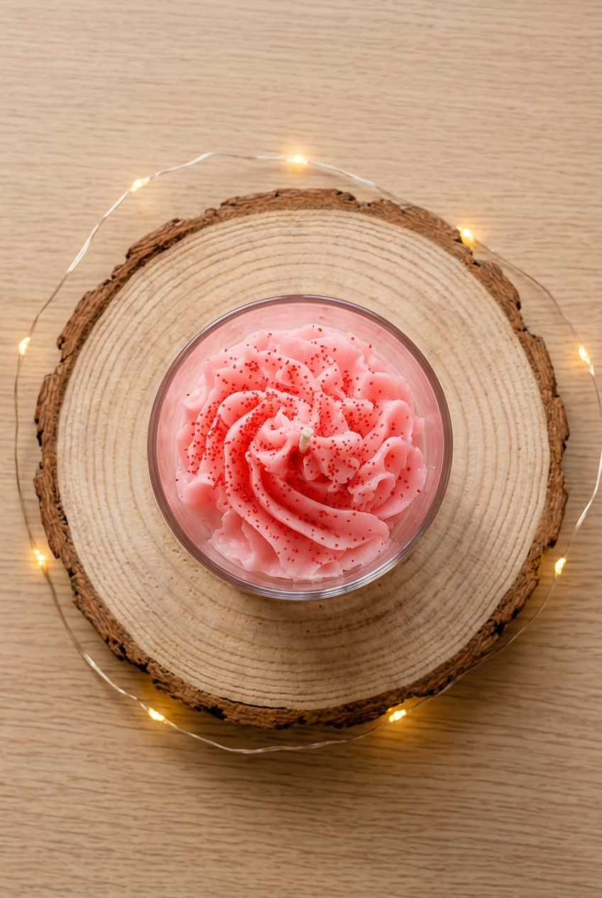  Bougie Vanille Gourmande vue de dessus, spirale de cire rose aux éclats rouges, sur un rondin avec guirlande lumineuse.
