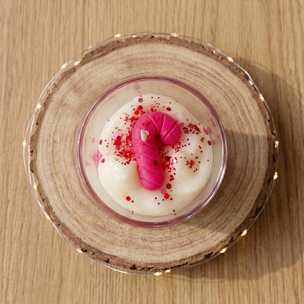 Bougie Sucre d’Orge vue du dessus, avec une décoration rose en forme de sucre d’orge et des éclats rouges sur la cire blanche.