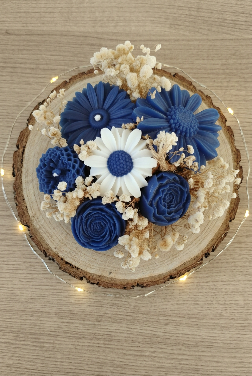 Bouquet de fleurs en cire bleue, marguerite blanche à cœur bleu et fleurs séchées, vu de dessus sur un rondin avec guirlande.