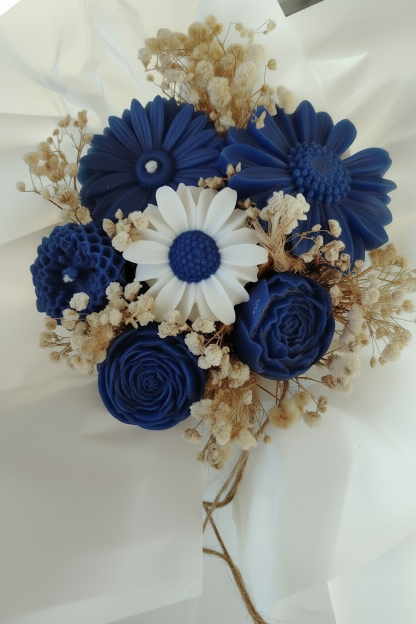  « Bouquet de bougies en cire bleue en forme de fleurs – gerberas, roses, renoncules, marguerite blanche et gypsophile séchée, emballé dans du papier de soie blanc »