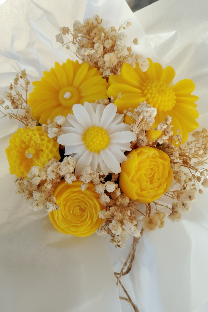 « Bouquet de bougies en cire jaune en forme de fleurs – roses, renoncules, marguerite et gypsophile séchée, emballé dans du papier de soie blanc »