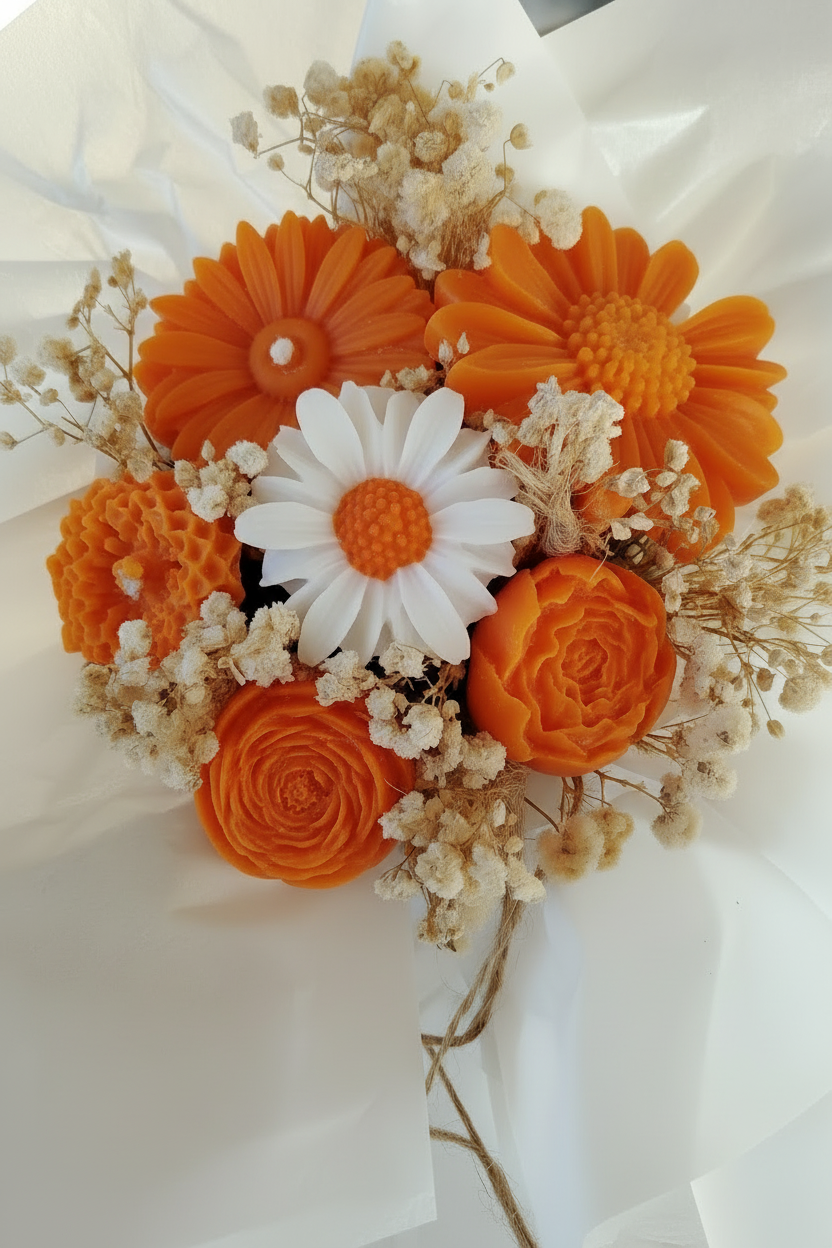 « Bouquet de bougies en cire orange en forme de fleurs – gerberas, roses, renoncules, marguerite blanche et gypsophile séchée, emballé dans du papier de soie blanc »