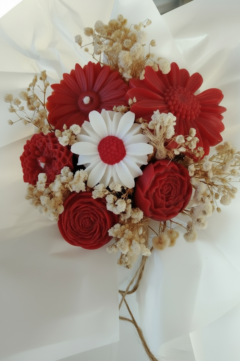 « Bouquet de bougies en cire rouge en forme de fleurs – gerberas, roses, renoncules, marguerite blanche et gypsophile séchée, emballé dans du papier de soie blanc »