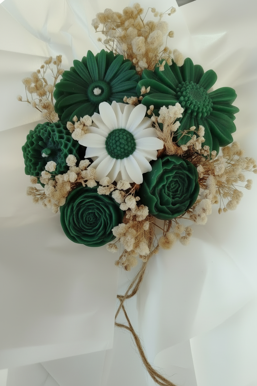 « Bouquet de bougies en cire verte en forme de fleurs – gerberas, roses, renoncules, marguerite blanche et gypsophile séchée, emballé dans du papier de soie blanc »