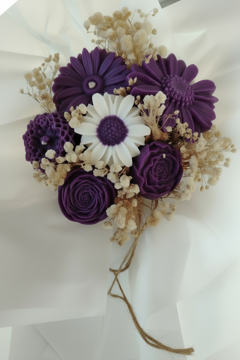 « Bouquet de bougies en cire violette en forme de fleurs – gerberas, roses, renoncules, marguerite blanche et gypsophile séchée, emballé dans du papier de soie blanc »
Box florales :