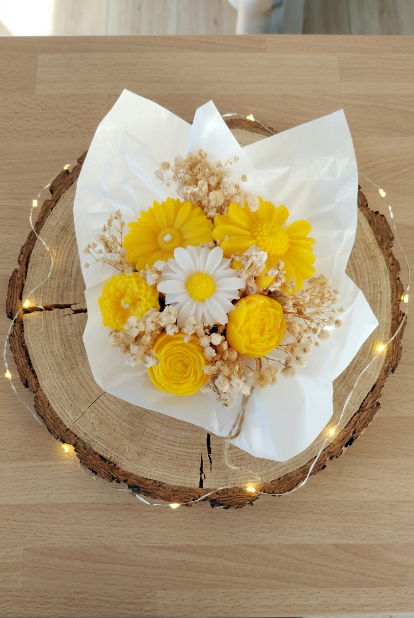  Bouquet de fleurs en cire jaune, marguerite blanche à cœur jaune et fleurs séchées, vu en plongée sur un rondin avec guirlande lumineuse.