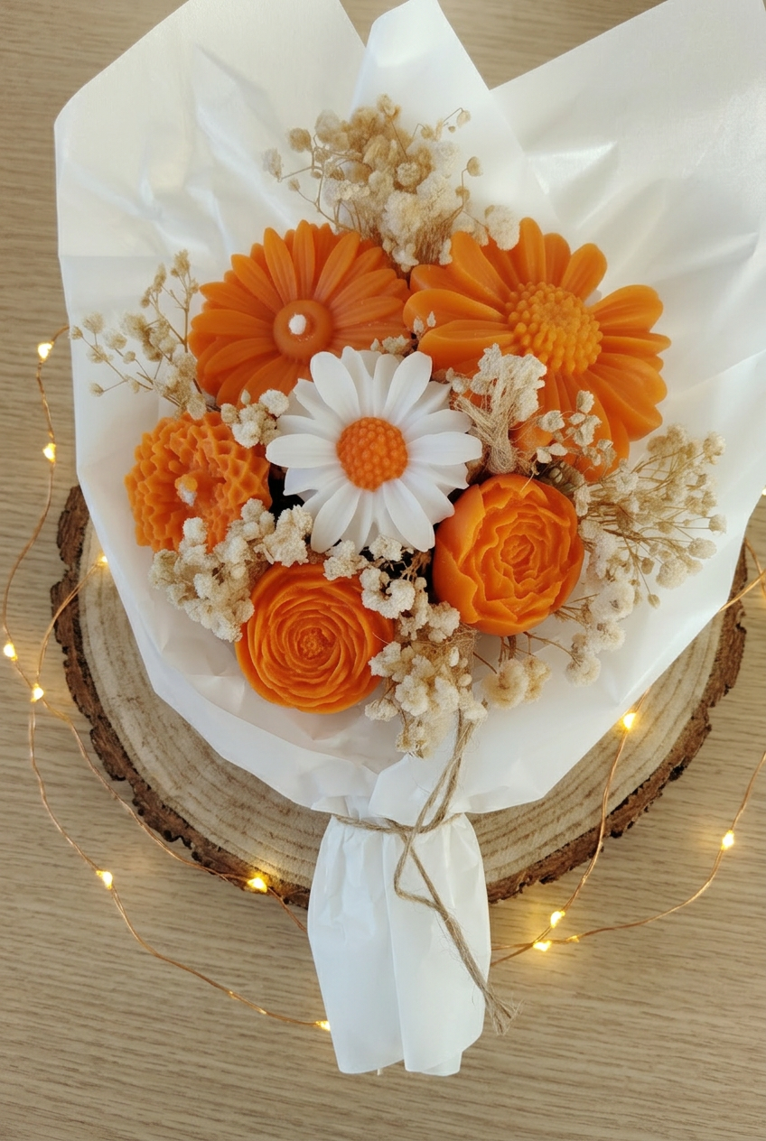  Bouquet de fleurs en cire orange, marguerite blanche à cœur orange et fleurs séchées, emballé de papier blanc sur un rondin avec guirlande.