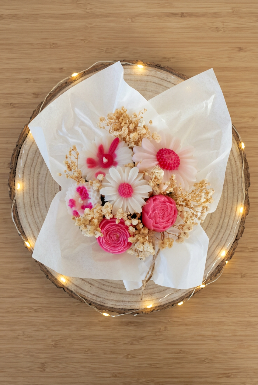 Bouquet de fleurs en cire rose fuchsia et blanche avec fleurs séchées crème, vu de dessus sur un rondin entouré d’une guirlande lumineuse.