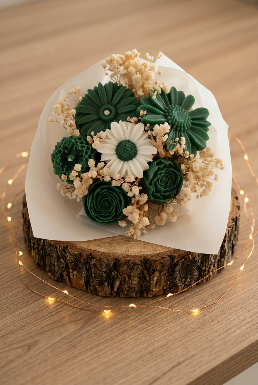 Bouquet de fleurs en cire verte, marguerite blanche à cœur vert et fleurs séchées, sur un rondin entouré d’une guirlande lumineuse.