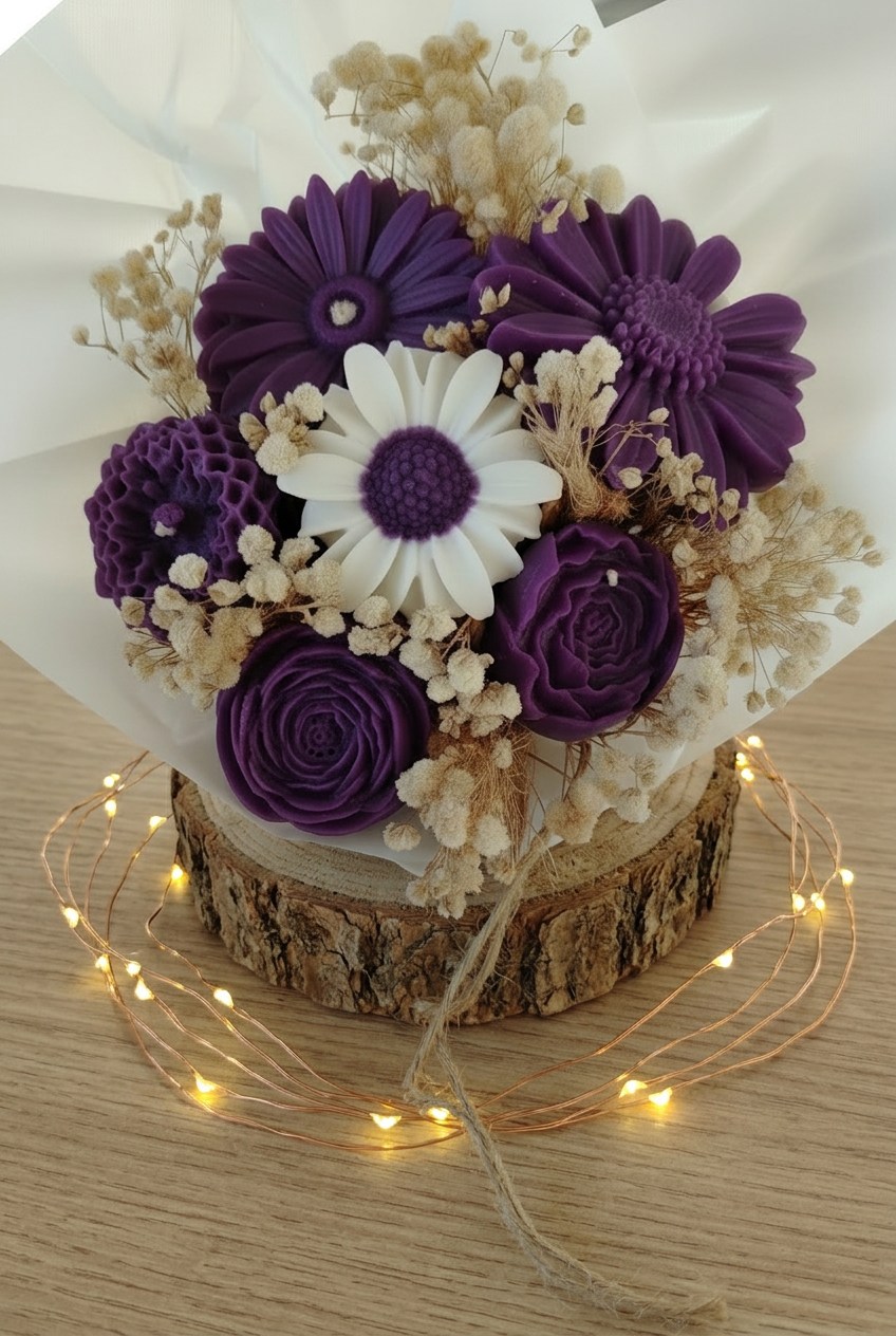Bouquet de fleurs en cire violette et blanche avec fleurs séchées crème, emballé de papier blanc sur un rondin avec guirlande lumineuse.