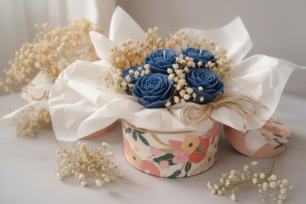 « Box florale ronde avec bougies en cire bleue – roses et renoncules, gypsophile séchée, papier de soie blanc et nœud en raphia »
