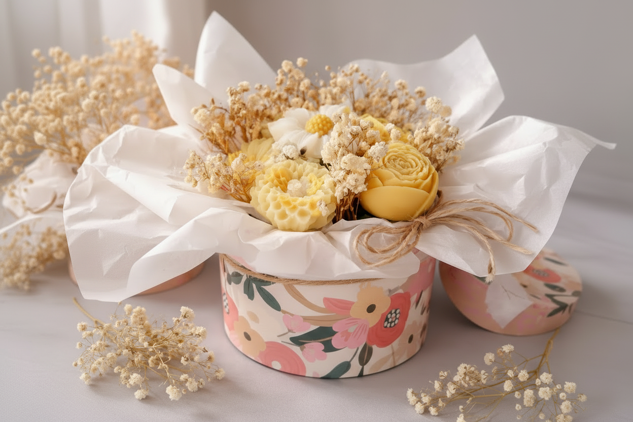 « Box florale ronde avec bougies en cire jaune – roses et renoncules, gypsophile séchée, papier de soie blanc et nœud en raphia »
