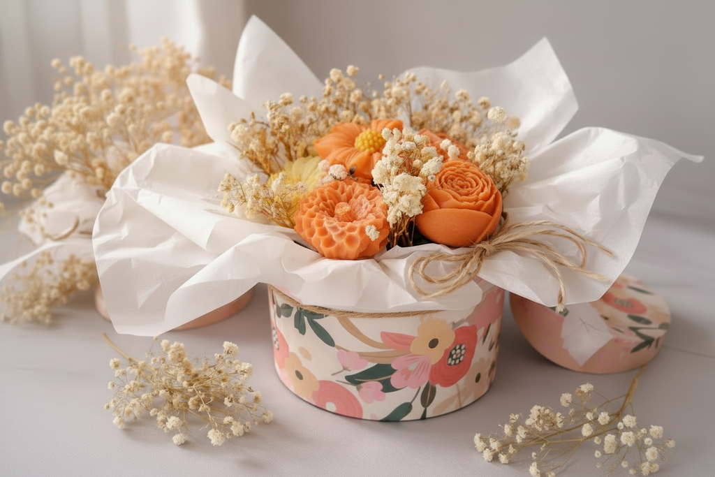 « Box florale ronde avec bougies en cire orange – roses et renoncules, gypsophile séchée, papier de soie blanc et nœud en raphia »