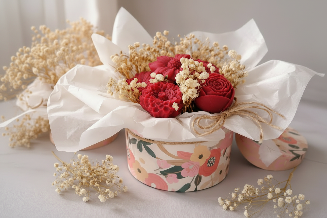  « Box florale ronde avec bougies en cire rouge – roses et renoncules, gypsophile séchée, papier de soie blanc et nœud en raphia »