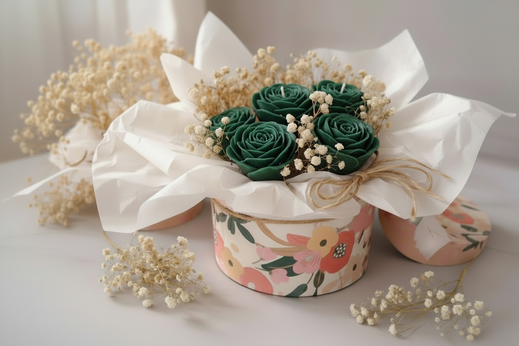  « Box florale ronde avec bougies en cire verte – roses et renoncules, gypsophile séchée, papier de soie blanc et nœud en raphia »