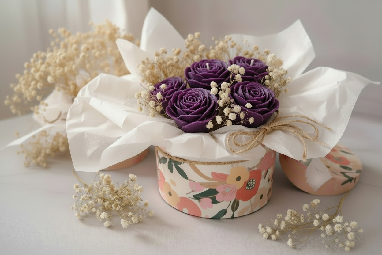 « Box florale ronde avec bougies en cire violette – roses et renoncules, gypsophile séchée, papier de soie blanc et nœud en raphia