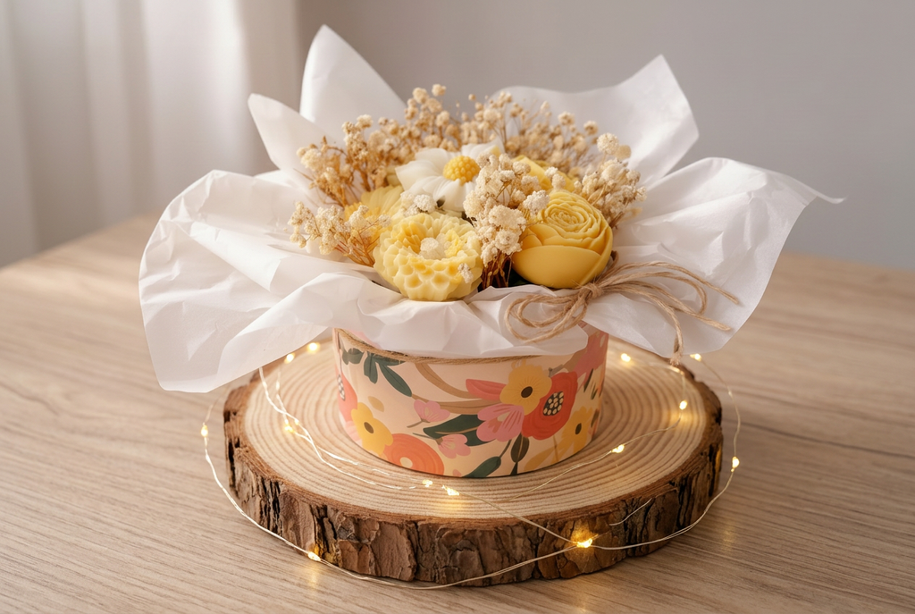 Box florale de fleurs en cire jaune et blanche avec fleurs séchées crème, dans une boîte à motifs floraux sur un rondin avec guirlande.