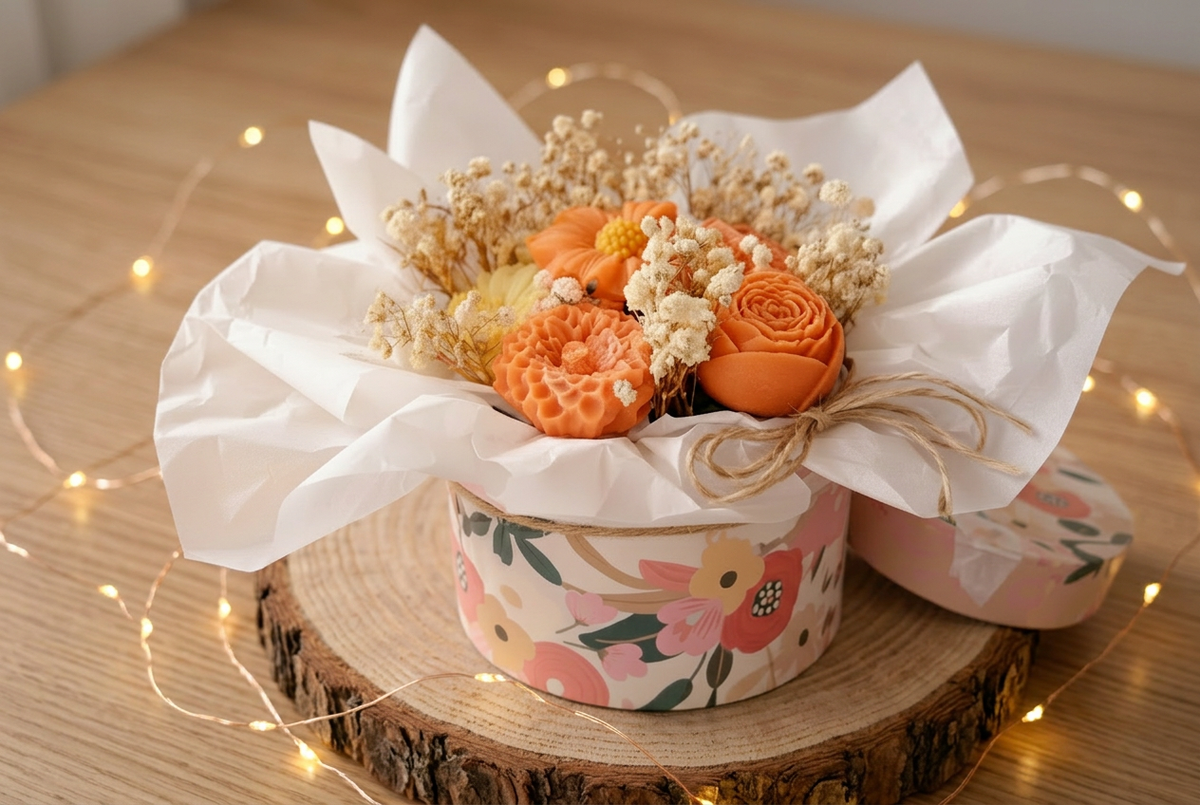 Box florale de fleurs en cire orange et fleurs séchées crème, dans une boîte à motifs floraux sur un rondin avec guirlande lumineuse.