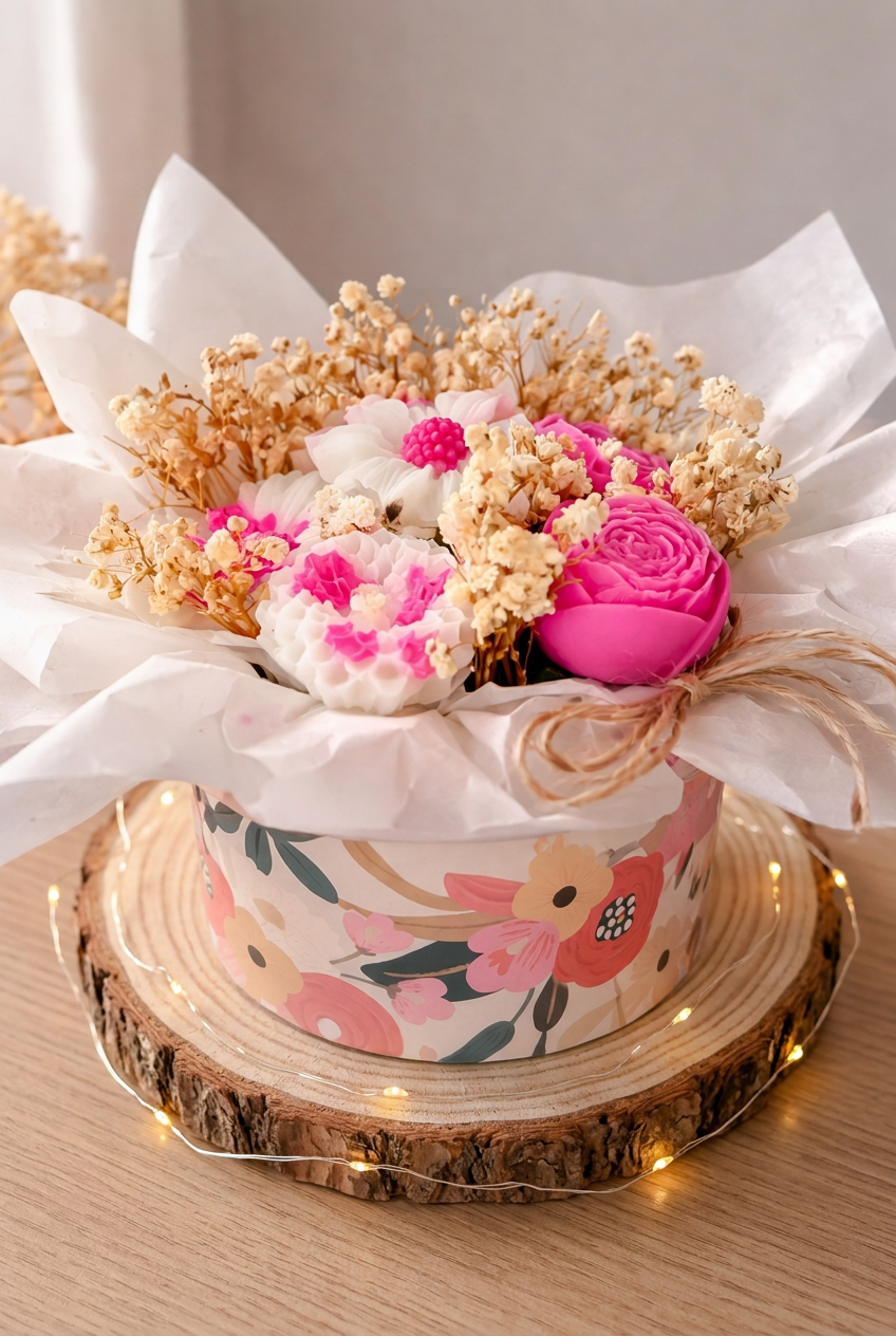 Box florale de fleurs en cire rose fuchsia et blanche avec fleurs séchées crème, dans une boîte fleurie sur un rondin avec guirlande.