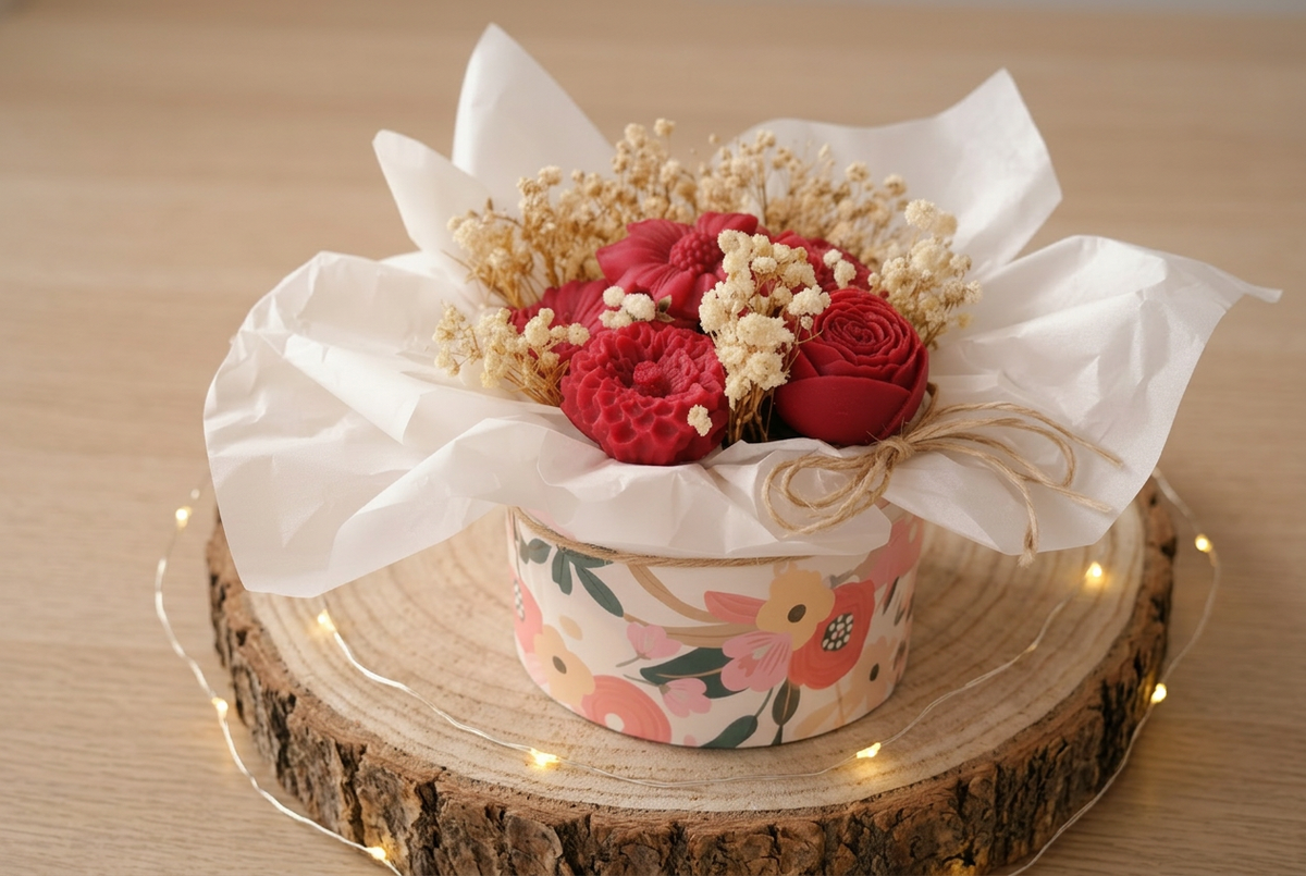 Box florale de fleurs en cire rouge et fleurs séchées crème, dans une boîte à motifs floraux sur un rondin avec guirlande lumineuse.