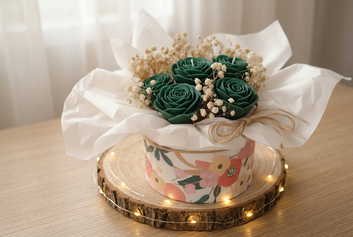 Box florale de roses en cire verte et fleurs séchées crème, dans une boîte à motifs floraux sur un rondin avec guirlande lumineuse.