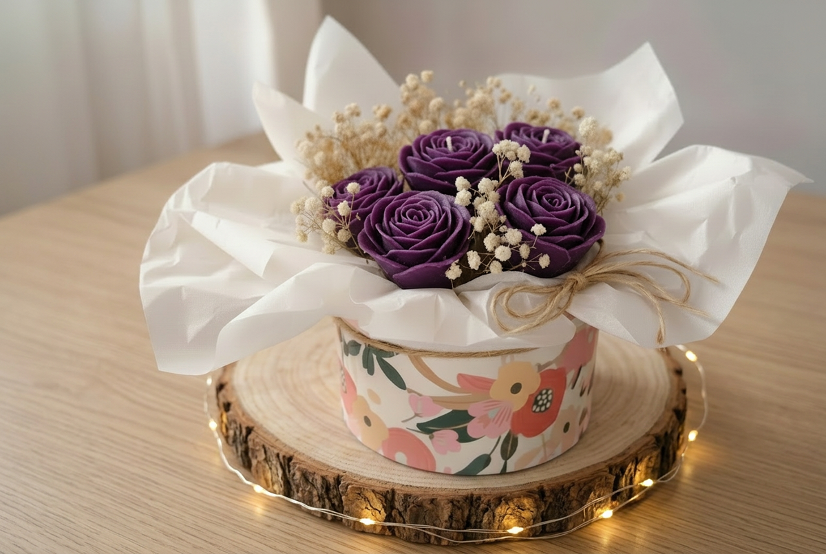 Box florale de roses en cire violette et fleurs séchées crème, dans une boîte à motifs floraux sur un rondin avec guirlande lumineuse.