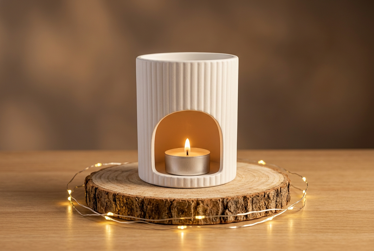 « Brûle-parfum en céramique blanche cannelée avec chauffe-plat allumé, posé sur un rondin entouré d’une guirlande lumineuse. »