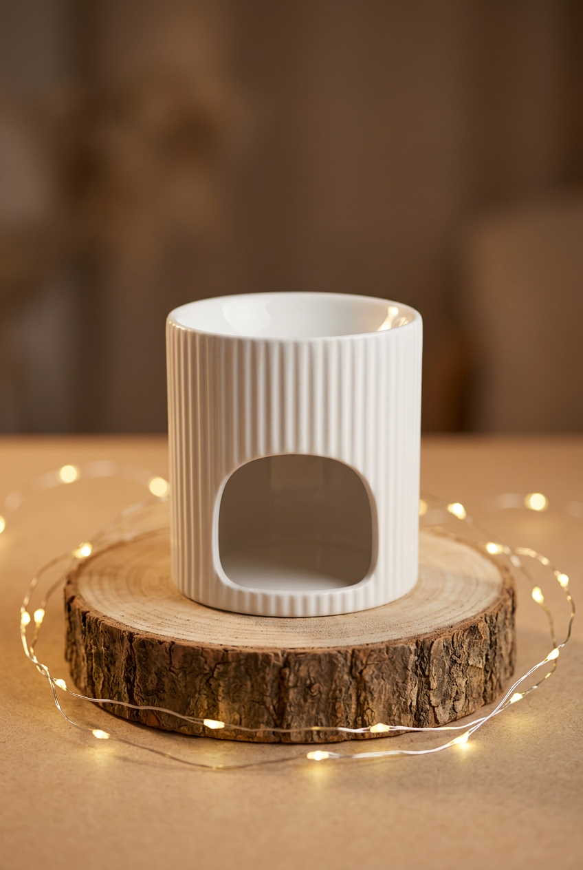 « Brûle-parfum en céramique blanche cannelée, avec coupelle supérieure et ouverture arrondie, sur un rondin entouré d’une guirlande allumée. »
