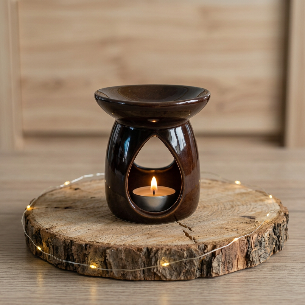  Brûle-parfum marron en céramique brillante avec un chauffe-plat allumé, posé sur un rondin entouré d’une guirlande lumineuse.