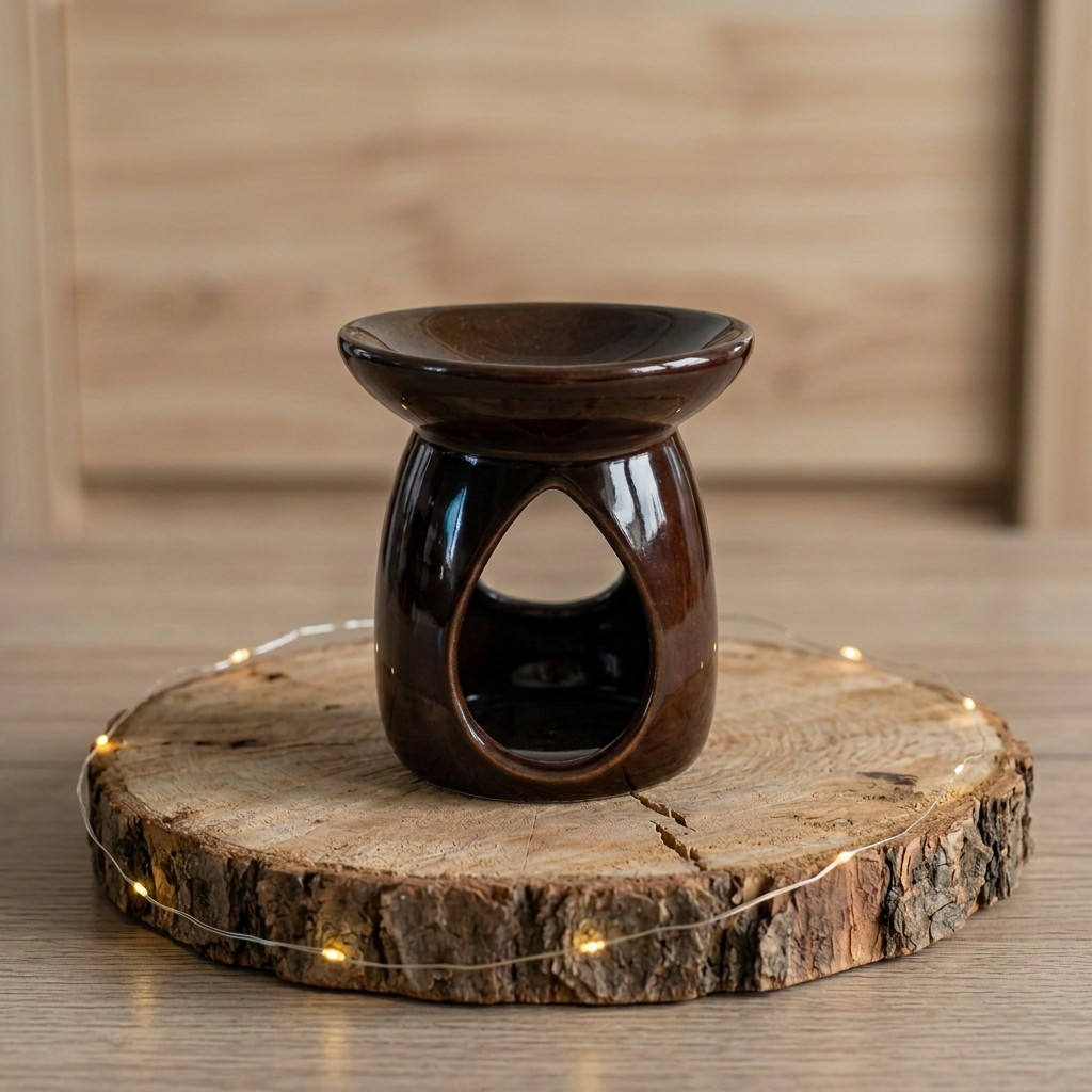 Brûle-parfum marron en céramique brillante, avec une ouverture en forme de goutte et une coupelle vide, sur un rondin avec une guirlande lumineuse.