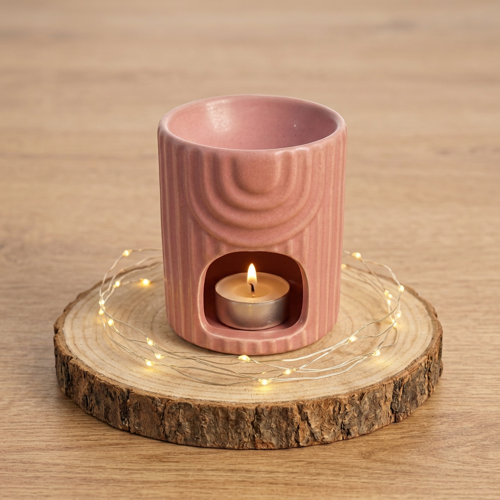 Brûle-parfum rose en céramique avec une bougie chauffe-plat allumée, posé sur un rondin avec une guirlande lumineuse, sur du bois clair.