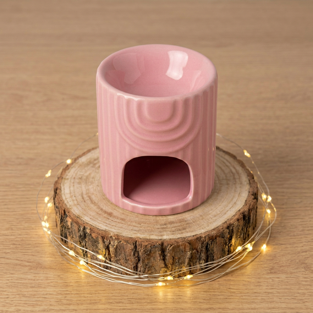 Brûle-parfum rose en céramique à motifs en relief, vide et éteint, sur un rondin entouré d’une guirlande lumineuse devant un mur gris.