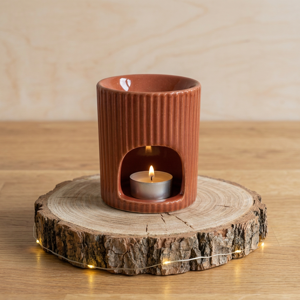 Brûle-parfum terracotta en céramique striée avec un chauffe-plat allumé, sur un rondin entouré d’une guirlande lumineuse.
