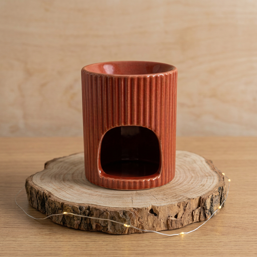  Brûle-parfum terracotta en céramique striée, vide et éteint, sur un rondin entouré d’une petite guirlande lumineuse.