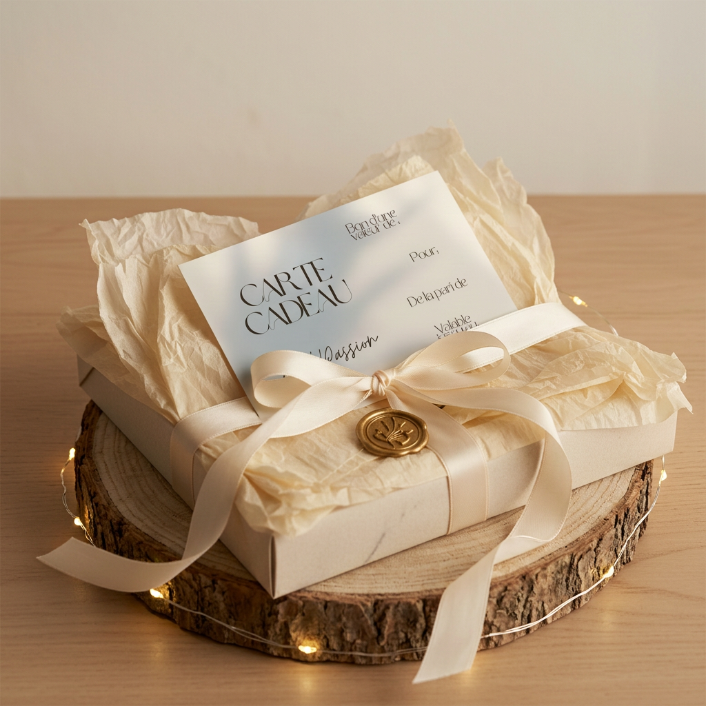 Carte cadeau Créa’Passion dans un coffret crème avec ruban ivoire et sceau doré, sur un rondin entouré d’une guirlande lumineuse.