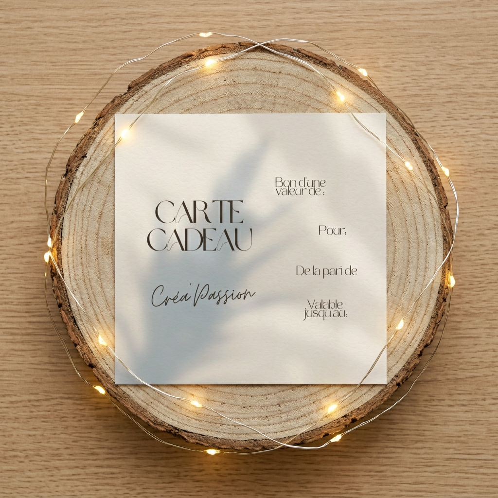 Carte cadeau Créa’Passion crème et noire vue de dessus, au centre d’un rondin entouré d’une guirlande lumineuse.